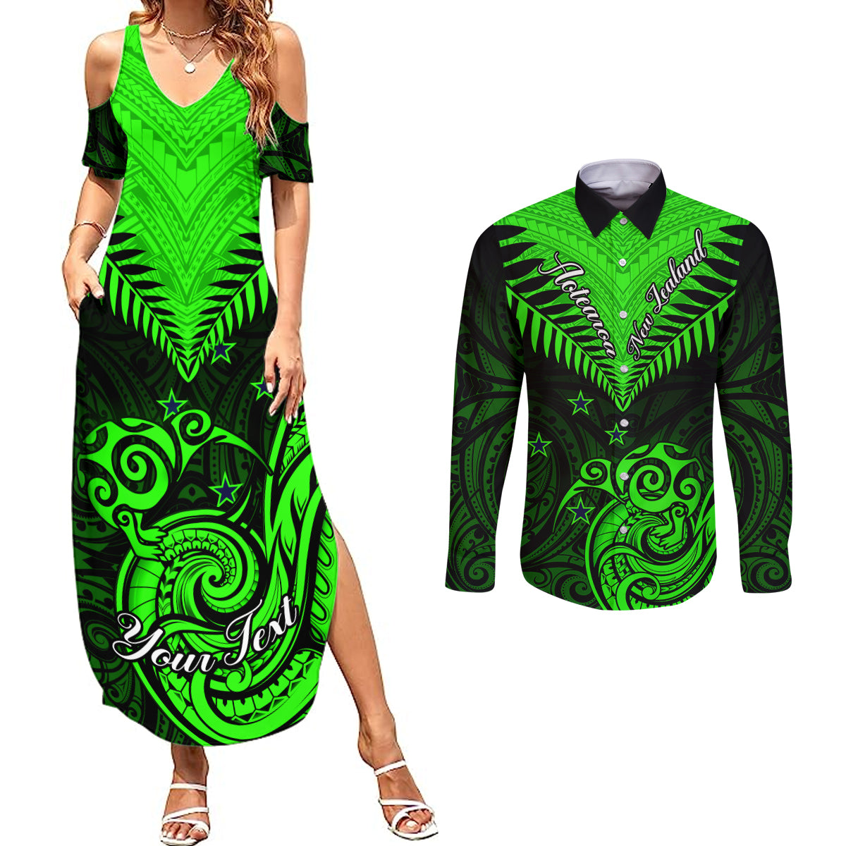 Personalised New Zealand Couples Matching Summer Maxi Dress and Long Sleeve Button Shirts Aotearoa Maori Kiwi Green Fern LT01 Green - Polynesian Pride