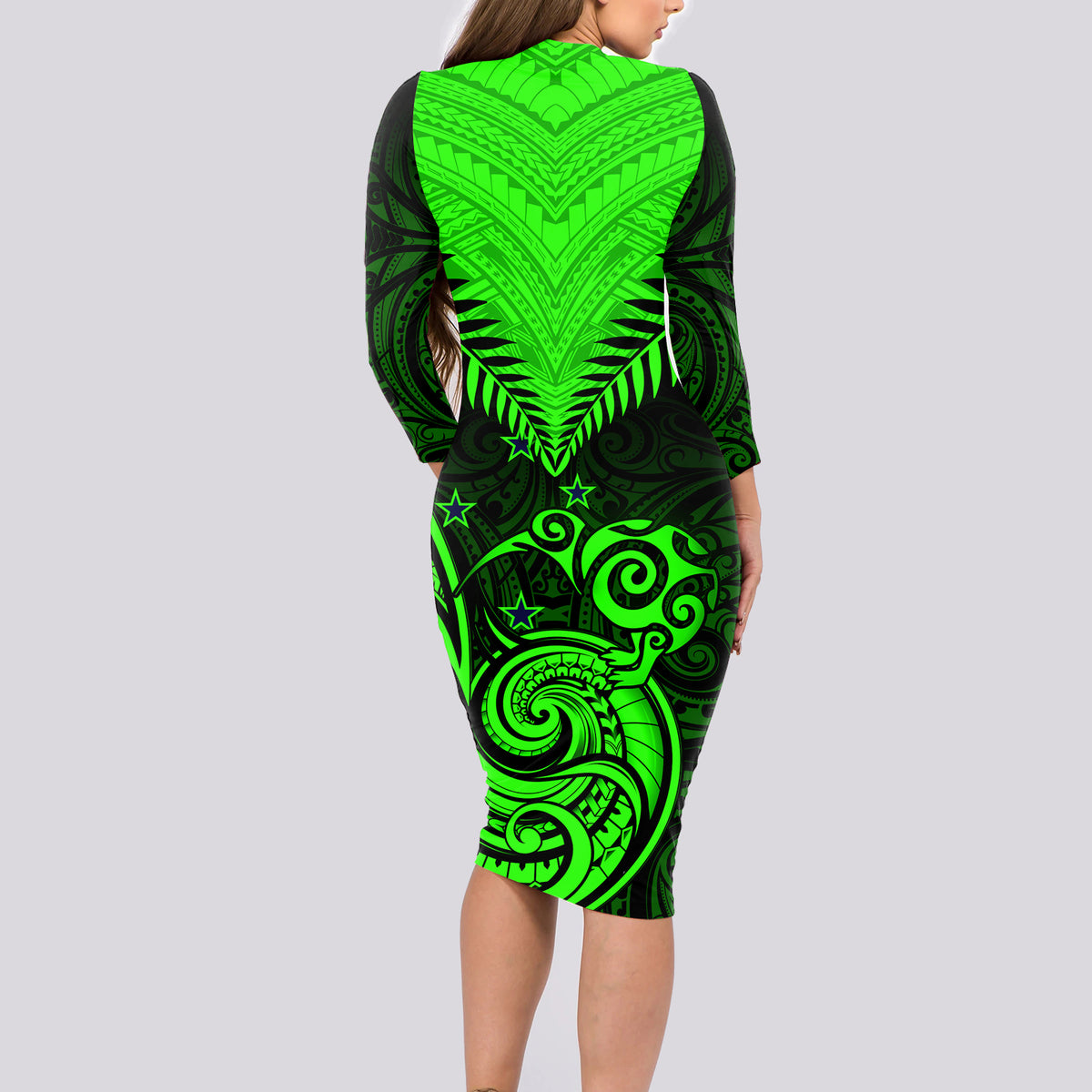 Personalised New Zealand Long Sleeve Bodycon Dress Aotearoa Maori Kiwi Green Fern LT01 - Polynesian Pride