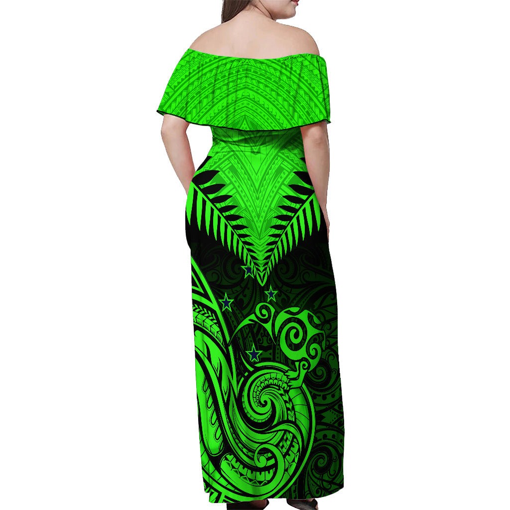 Personalised New Zealand Off Shoulder Maxi Dress Aotearoa Maori Kiwi Green Fern LT01 - Polynesian Pride