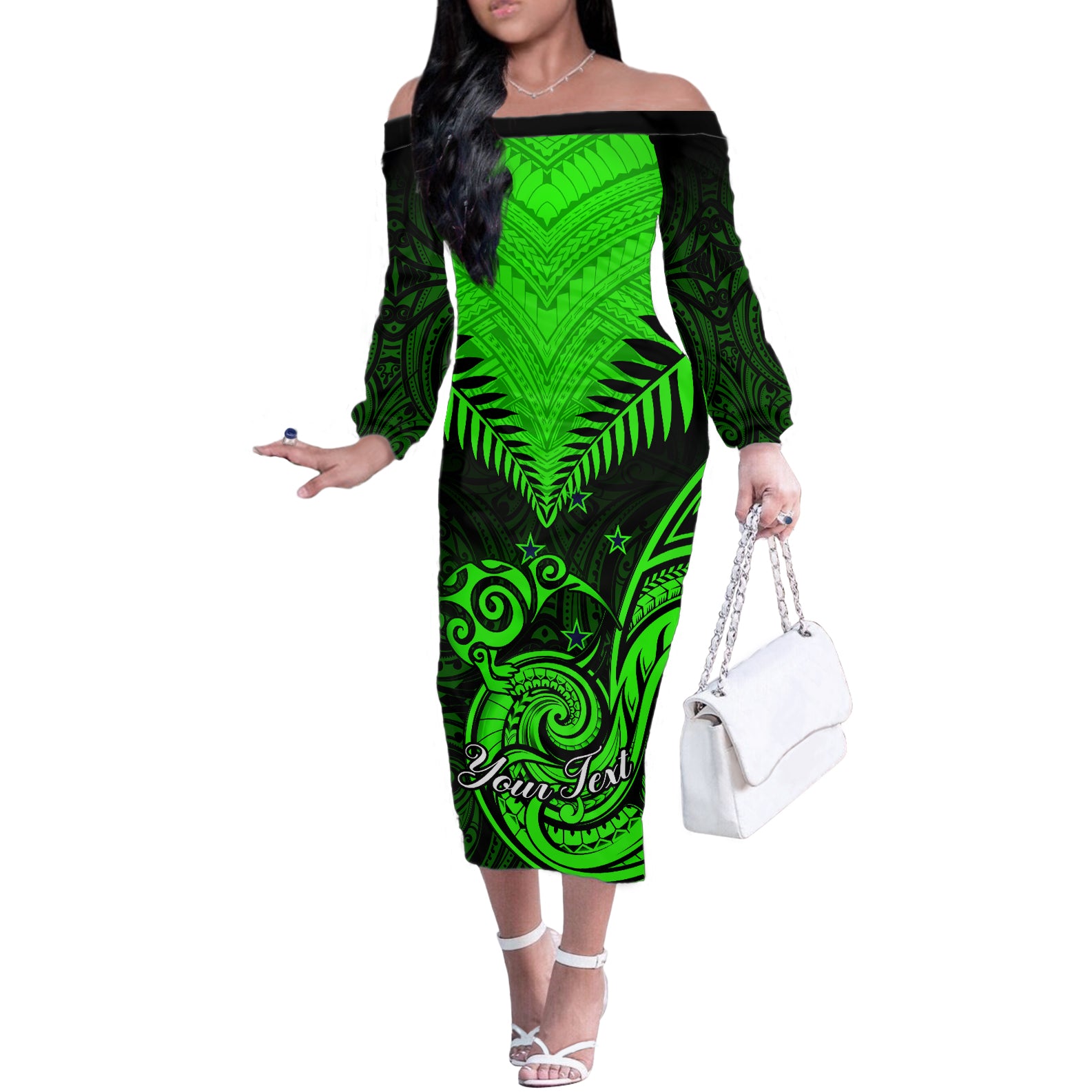 Personalised New Zealand Off The Shoulder Long Sleeve Dress Aotearoa Maori Kiwi Green Fern LT01 Women Green - Polynesian Pride