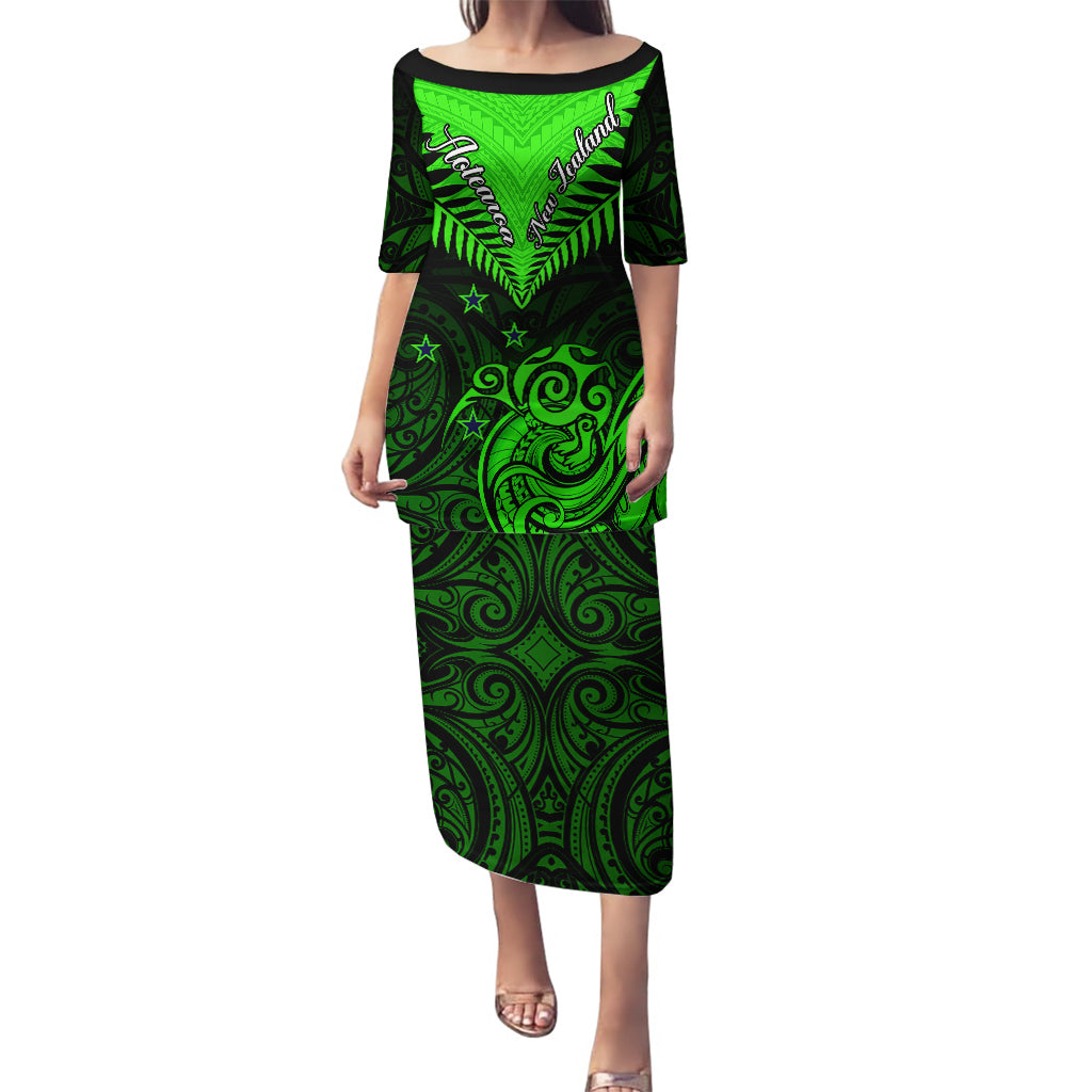 Personalised New Zealand Puletasi Aotearoa Maori Kiwi Green Fern LT01 Long Dress Green - Polynesian Pride