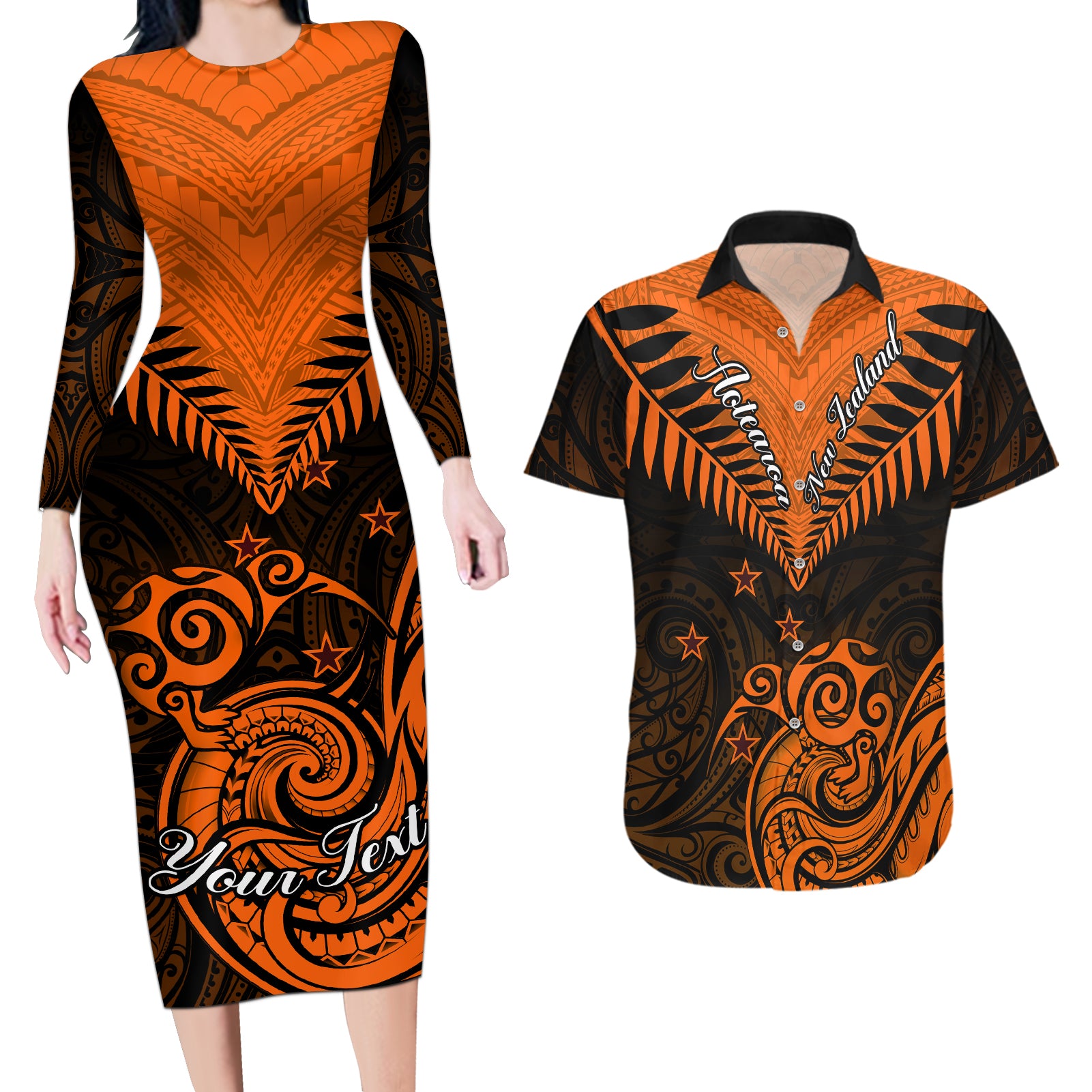 Personalised New Zealand Couples Matching Long Sleeve Bodycon Dress and Hawaiian Shirt Aotearoa Maori Kiwi Orange Fern LT01 Orange - Polynesian Pride