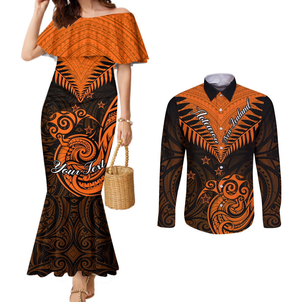 Personalised New Zealand Couples Matching Mermaid Dress and Long Sleeve Button Shirts Aotearoa Maori Kiwi Orange Fern LT01 Orange - Polynesian Pride