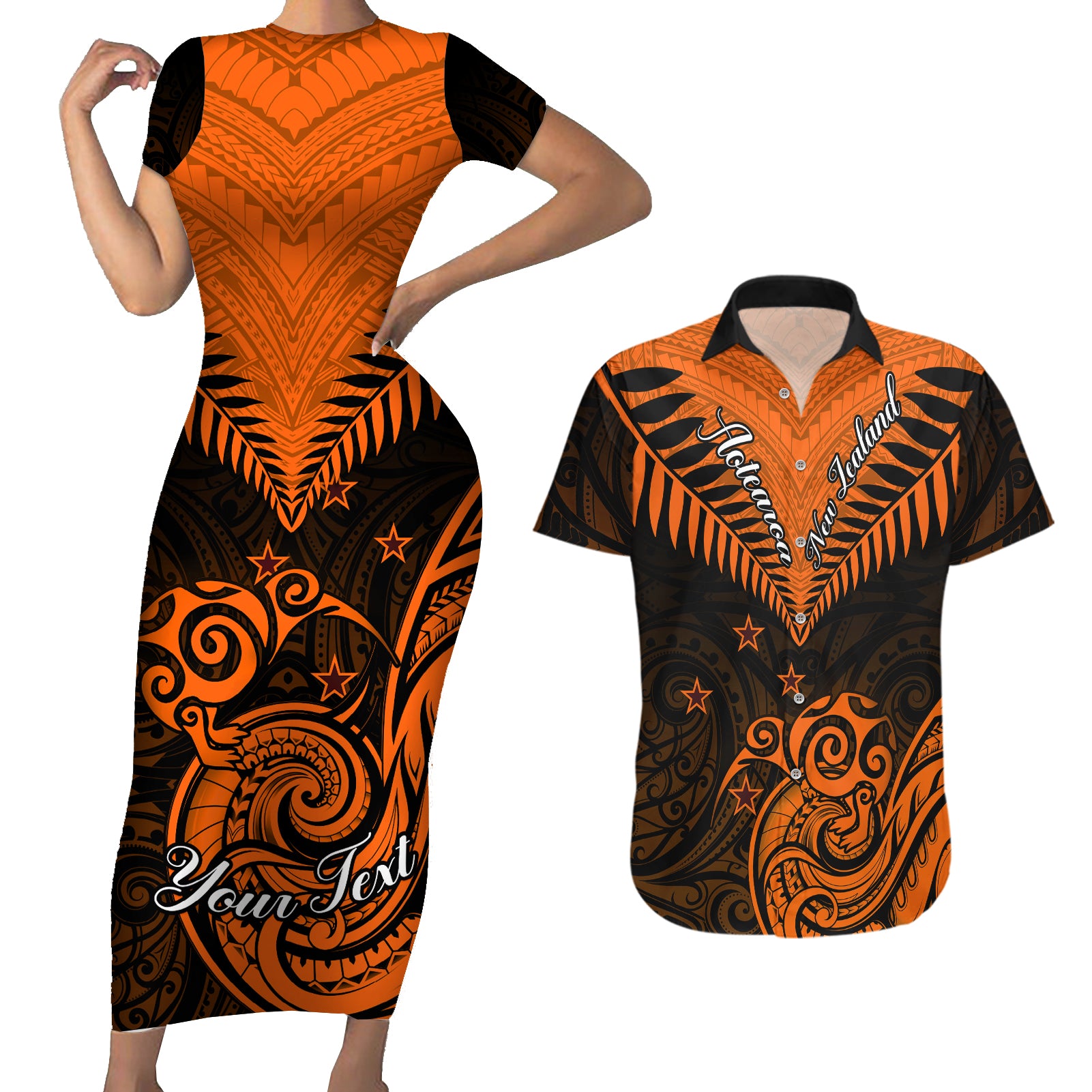 Personalised New Zealand Couples Matching Short Sleeve Bodycon Dress and Hawaiian Shirt Aotearoa Maori Kiwi Orange Fern LT01 Orange - Polynesian Pride