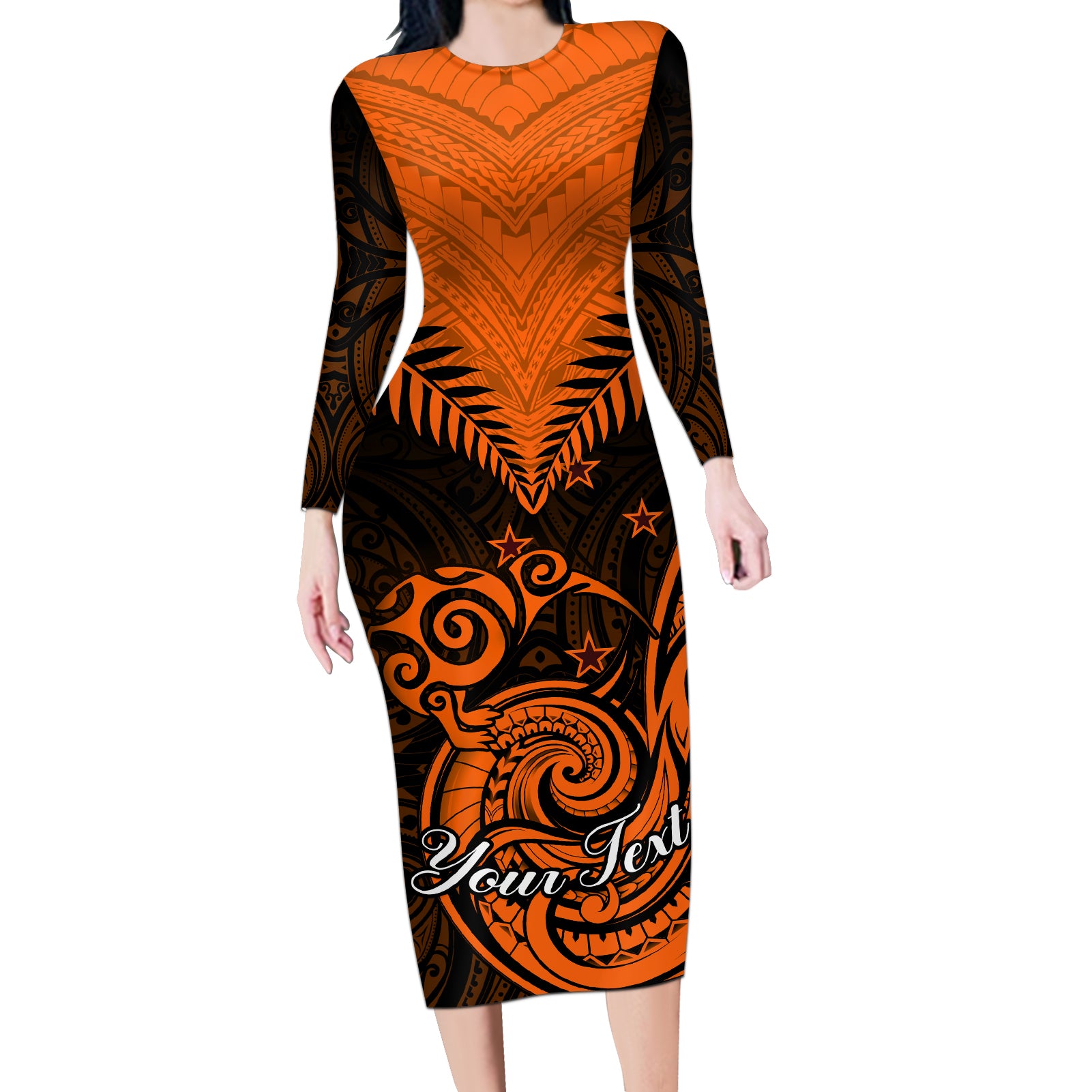 Personalised New Zealand Long Sleeve Bodycon Dress Aotearoa Maori Kiwi Orange Fern LT01 Long Dress Orange - Polynesian Pride