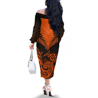 Personalised New Zealand Off The Shoulder Long Sleeve Dress Aotearoa Maori Kiwi Orange Fern LT01 - Polynesian Pride