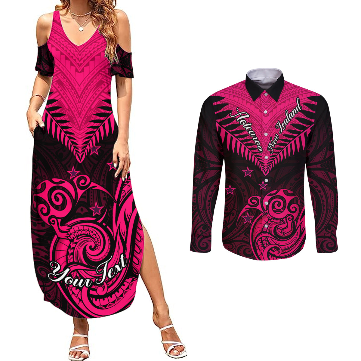 Personalised Aotearoa Couples Matching Summer Maxi Dress and Long Sleeve Button Shirts Maori Kiwi Pink Fern LT01 Pink - Polynesian Pride