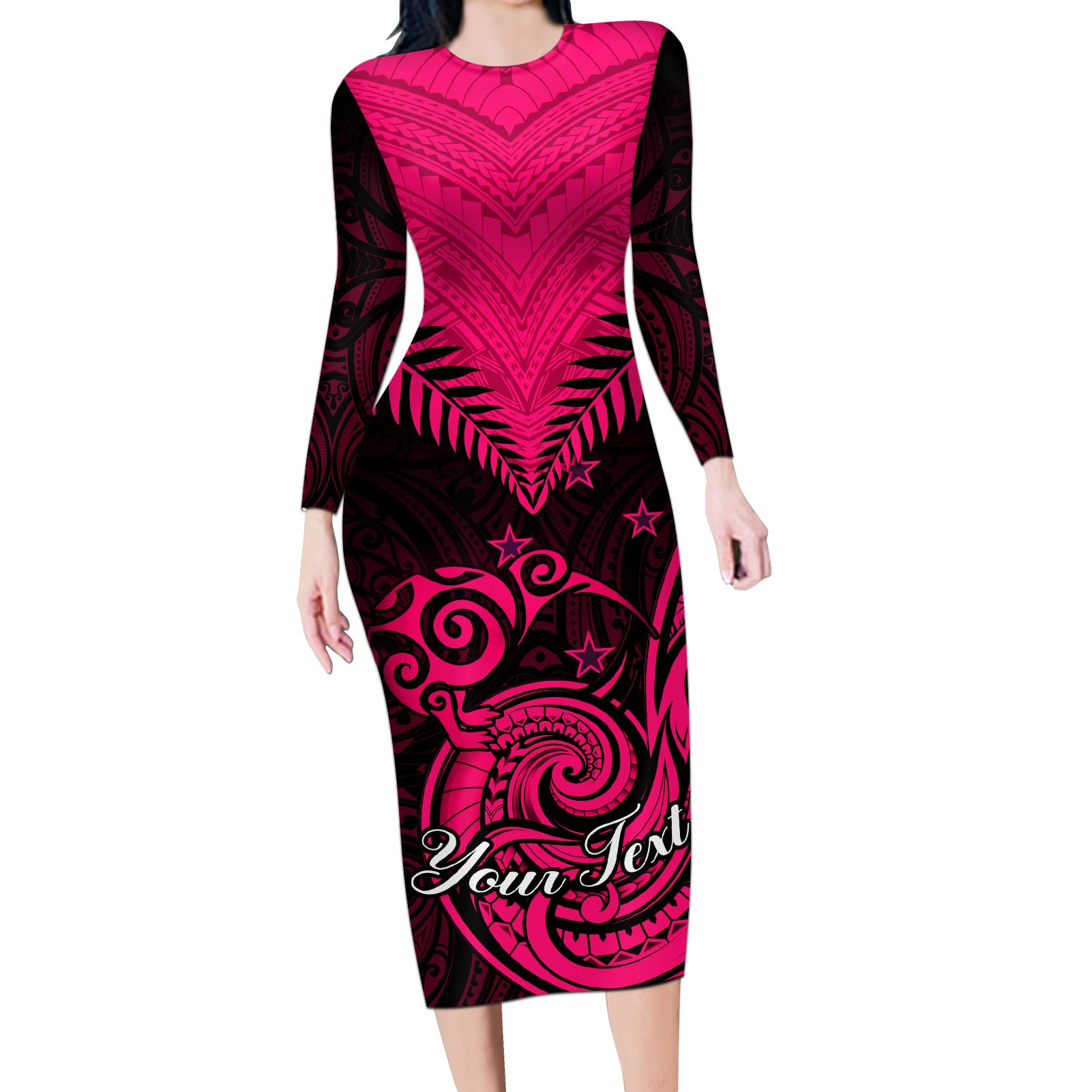 Personalised Aotearoa Long Sleeve Bodycon Dress Maori Kiwi Pink Fern LT01 Long Dress Pink - Polynesian Pride