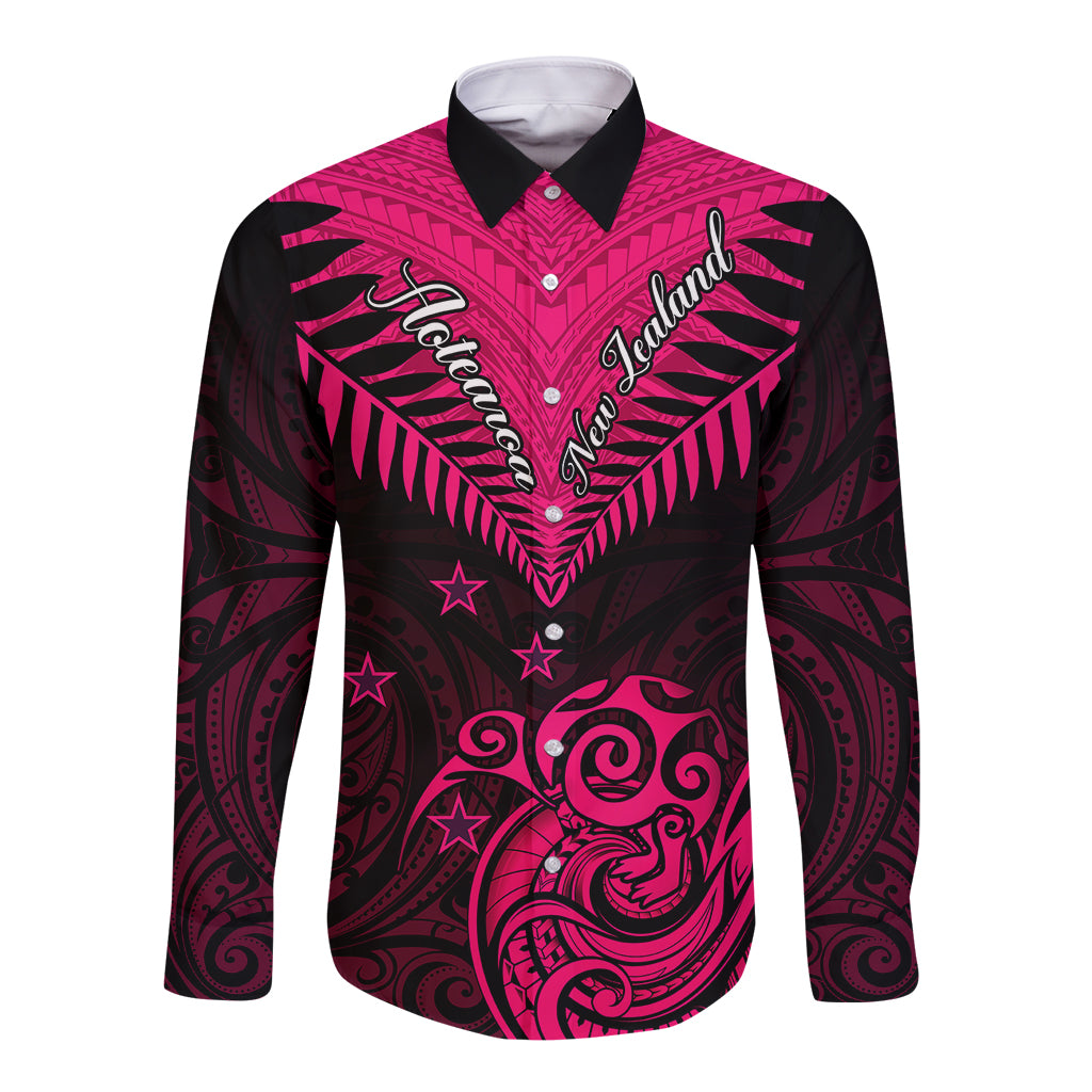 Personalised Aotearoa Long Sleeve Button Shirt Maori Kiwi Pink Fern LT01 Unisex Pink - Polynesian Pride