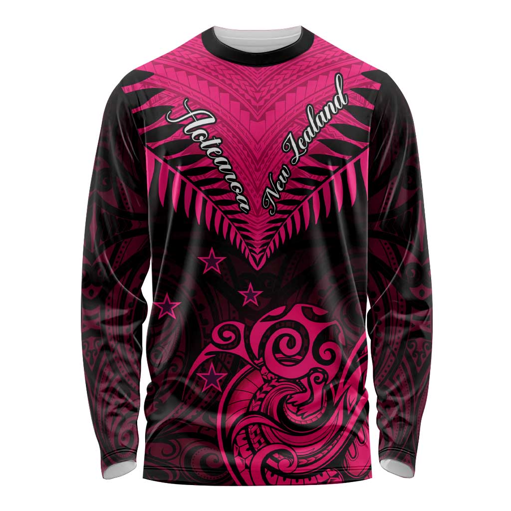 Personalised Aotearoa Long Sleeve Shirt Maori Kiwi Pink Fern LT01 Unisex Pink - Polynesian Pride