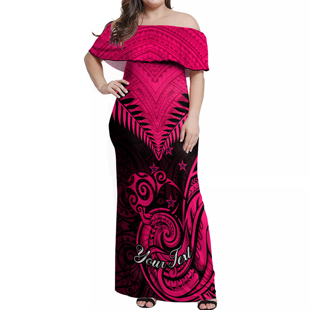 Personalised Aotearoa Off Shoulder Maxi Dress Maori Kiwi Pink Fern LT01 Women Pink - Polynesian Pride