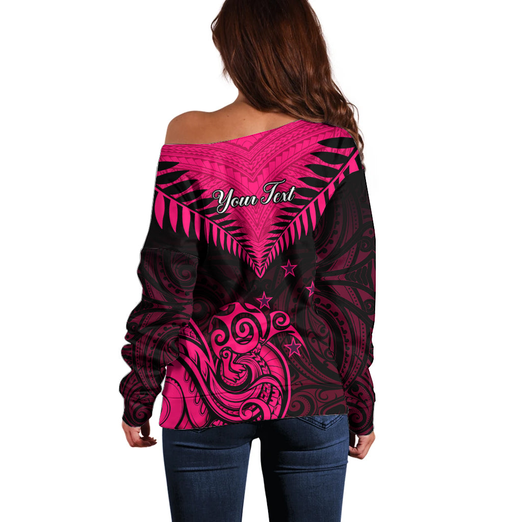 Personalised Aotearoa Off Shoulder Sweater Maori Kiwi Pink Fern LT01 - Polynesian Pride