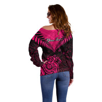Personalised Aotearoa Off Shoulder Sweater Maori Kiwi Pink Fern LT01 - Polynesian Pride