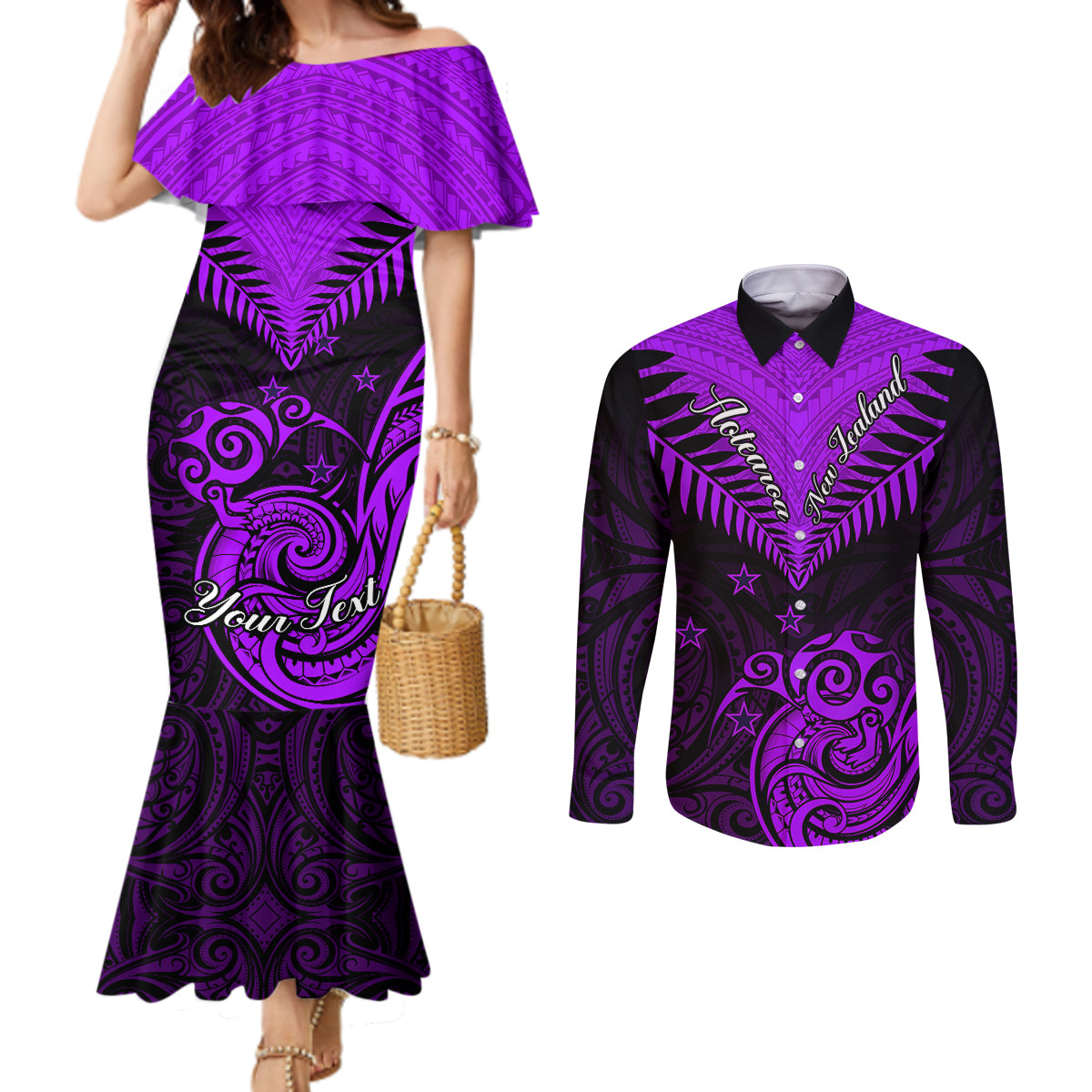 Personalised Aotearoa Couples Matching Mermaid Dress and Long Sleeve Button Shirts Maori Kiwi Purple Fern LT01 Purple - Polynesian Pride