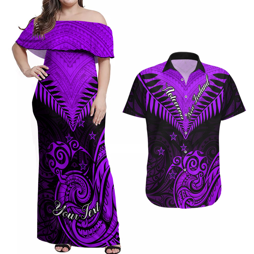 Personalised Aotearoa Couples Matching Off Shoulder Maxi Dress and Hawaiian Shirt Maori Kiwi Purple Fern LT01 Purple - Polynesian Pride