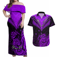 Personalised Aotearoa Couples Matching Off Shoulder Maxi Dress and Hawaiian Shirt Maori Kiwi Purple Fern LT01 Purple - Polynesian Pride