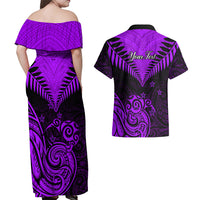 Personalised Aotearoa Couples Matching Off Shoulder Maxi Dress and Hawaiian Shirt Maori Kiwi Purple Fern LT01 - Polynesian Pride