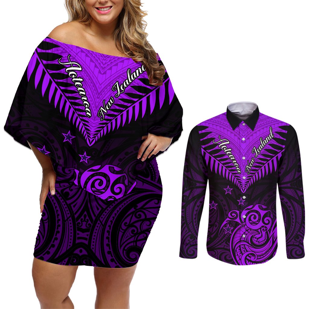 Personalised Aotearoa Couples Matching Off Shoulder Short Dress and Long Sleeve Button Shirts Maori Kiwi Purple Fern LT01 Purple - Polynesian Pride