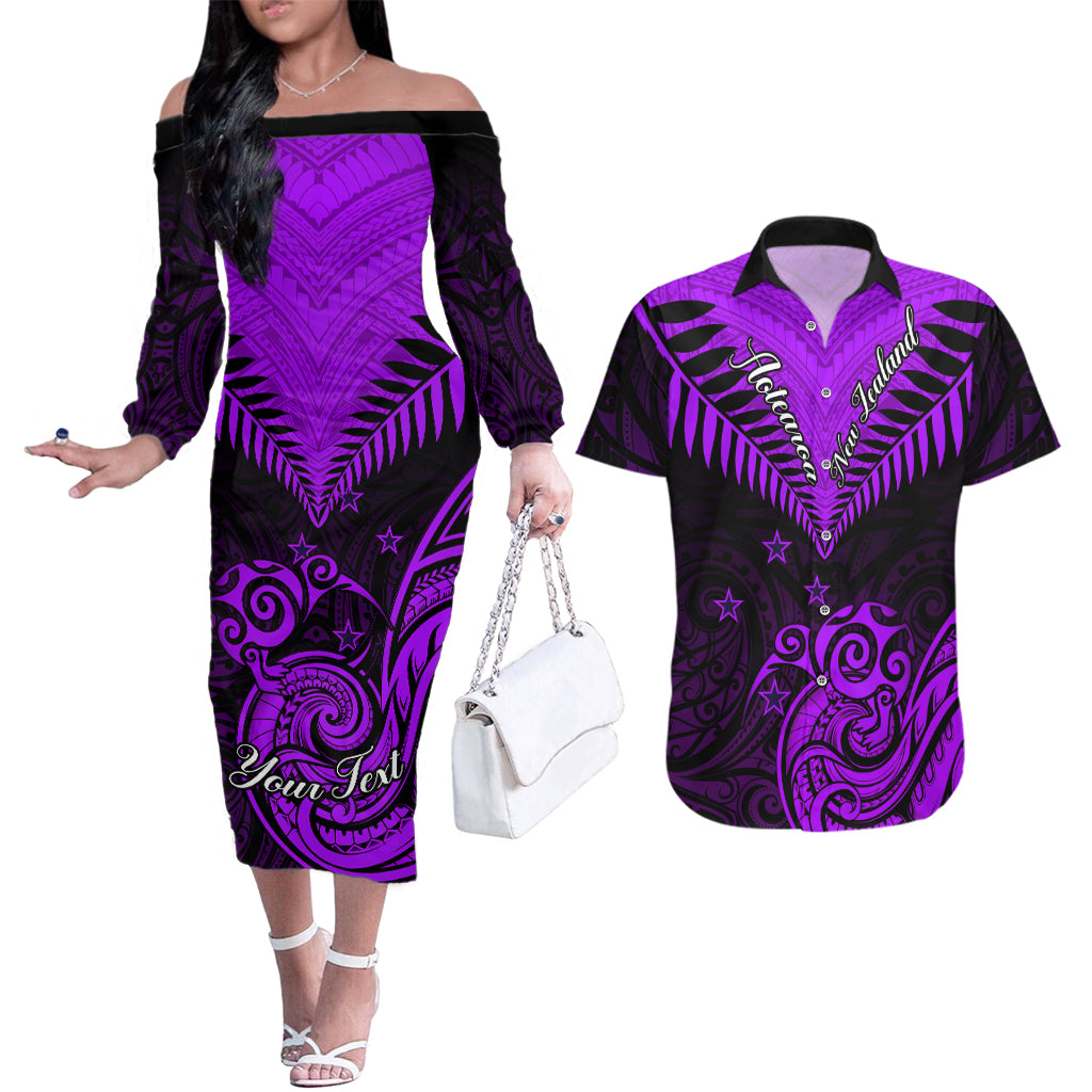 Personalised Aotearoa Couples Matching Off The Shoulder Long Sleeve Dress and Hawaiian Shirt Maori Kiwi Purple Fern LT01 Purple - Polynesian Pride