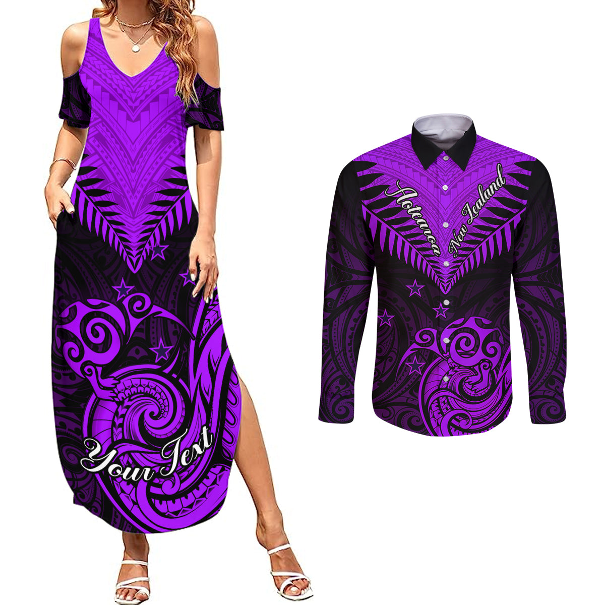 Personalised Aotearoa Couples Matching Summer Maxi Dress and Long Sleeve Button Shirts Maori Kiwi Purple Fern LT01 Purple - Polynesian Pride