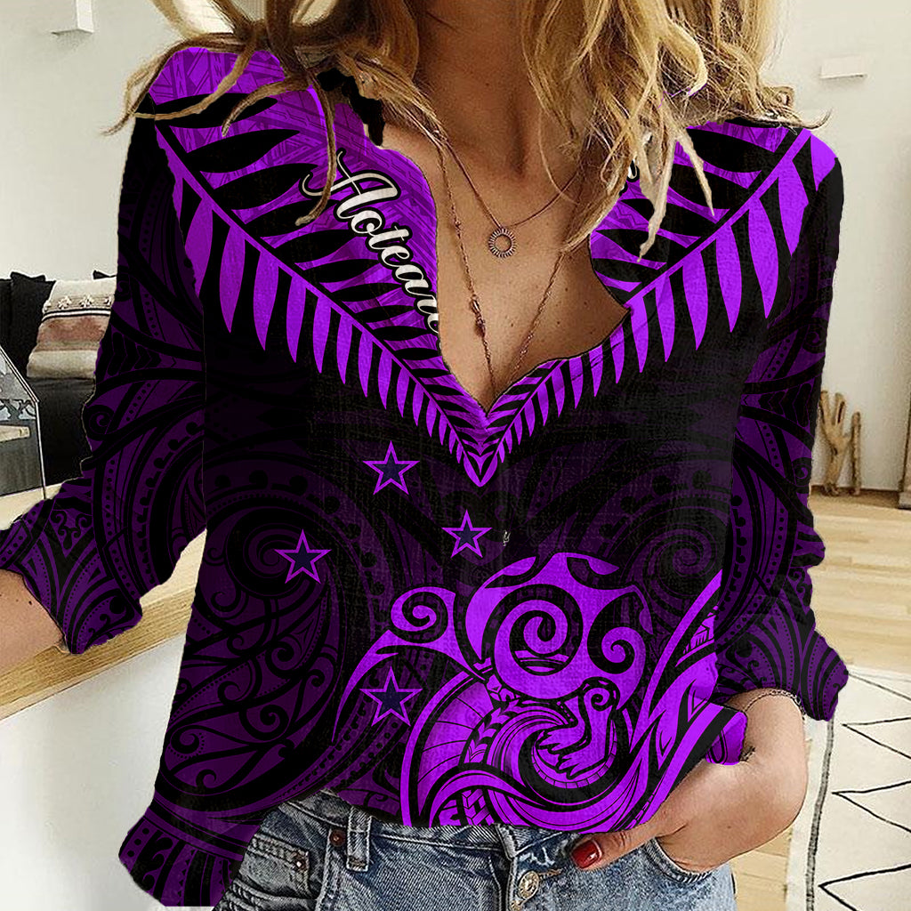 Personalised Aotearoa Women Casual Shirt Maori Kiwi Purple Fern LT01 Female Purple - Polynesian Pride