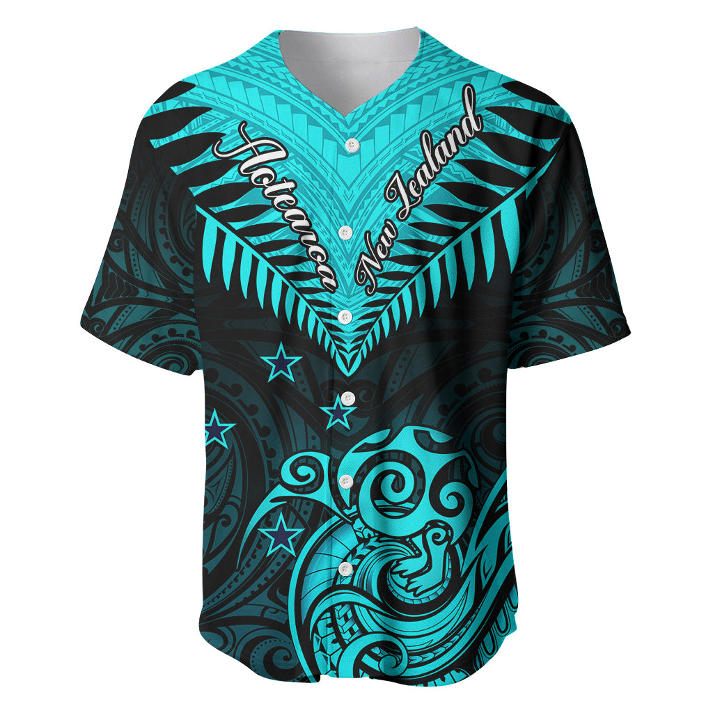 Personalised Aotearoa Baseball Jersey Maori Kiwi Turquoise Fern LT01 Turquoise - Polynesian Pride