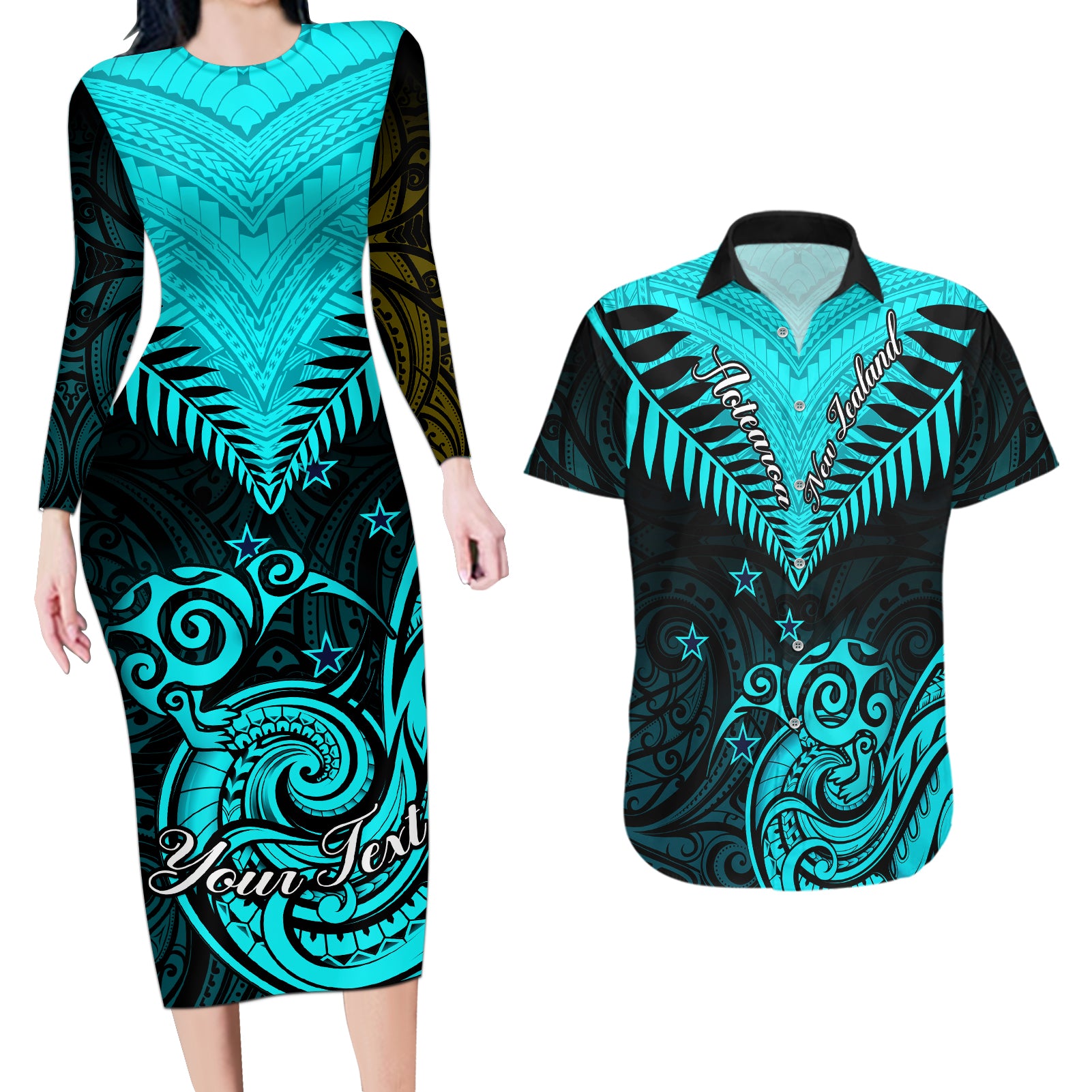 Personalised Aotearoa Couples Matching Long Sleeve Bodycon Dress and Hawaiian Shirt Maori Kiwi Turquoise Fern LT01 Turquoise - Polynesian Pride