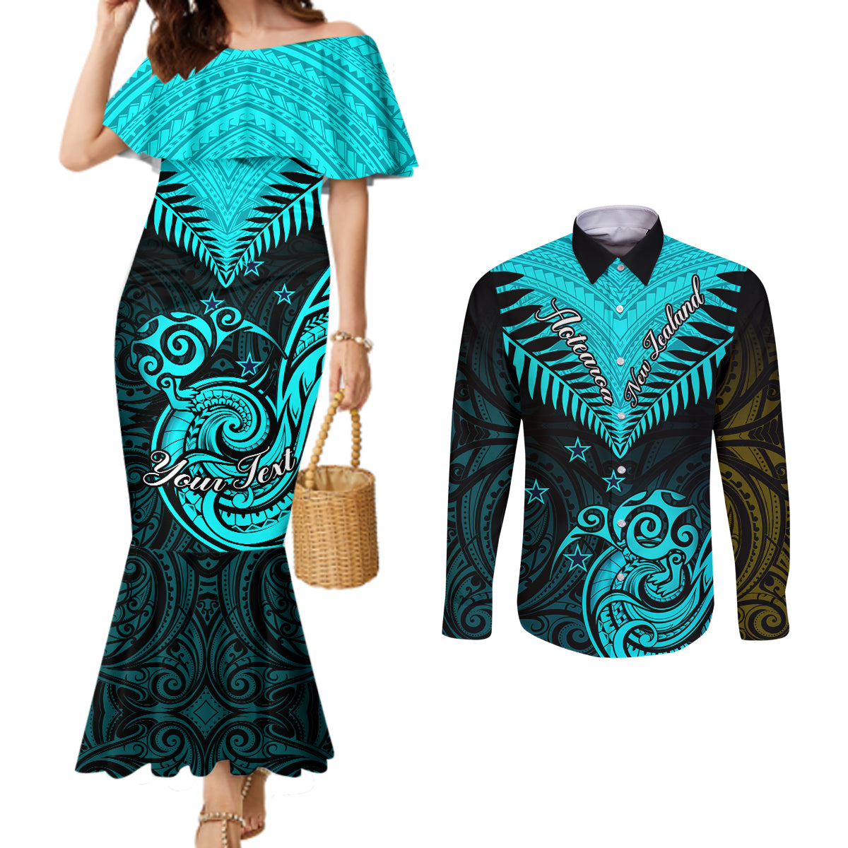 Personalised Aotearoa Couples Matching Mermaid Dress and Long Sleeve Button Shirts Maori Kiwi Turquoise Fern LT01 Turquoise - Polynesian Pride