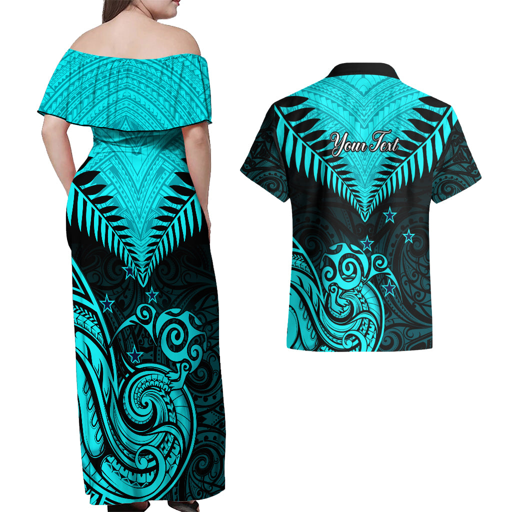Personalised Aotearoa Couples Matching Off Shoulder Maxi Dress and Hawaiian Shirt Maori Kiwi Turquoise Fern LT01 - Polynesian Pride