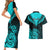 Personalised Aotearoa Couples Matching Short Sleeve Bodycon Dress and Hawaiian Shirt Maori Kiwi Turquoise Fern LT01 - Polynesian Pride