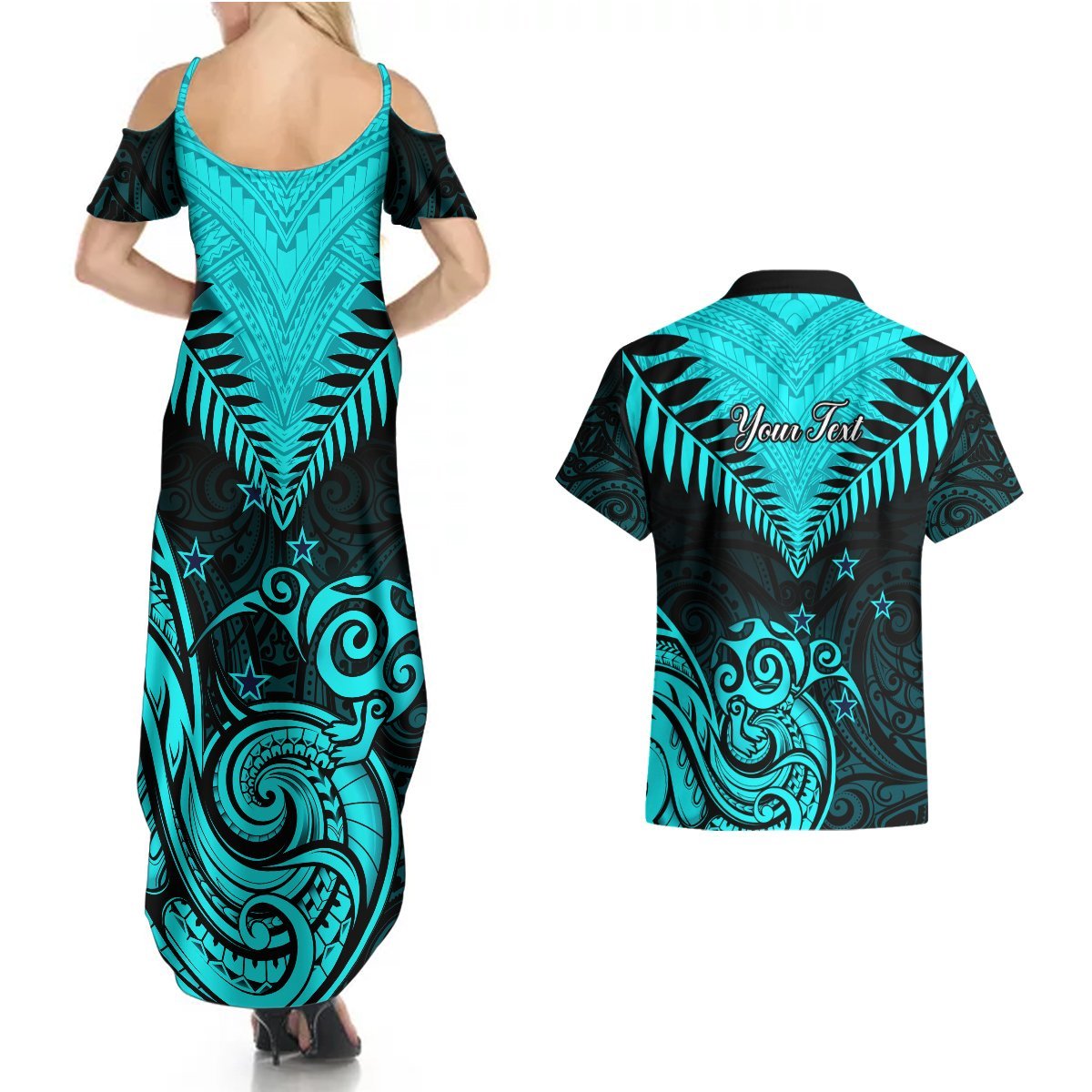 Personalised Aotearoa Couples Matching Summer Maxi Dress and Hawaiian Shirt Maori Kiwi Turquoise Fern LT01 - Polynesian Pride
