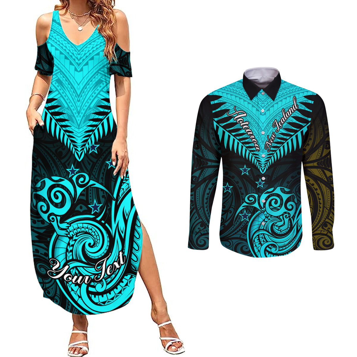 Personalised Aotearoa Couples Matching Summer Maxi Dress and Long Sleeve Button Shirts Maori Kiwi Turquoise Fern LT01 Turquoise - Polynesian Pride