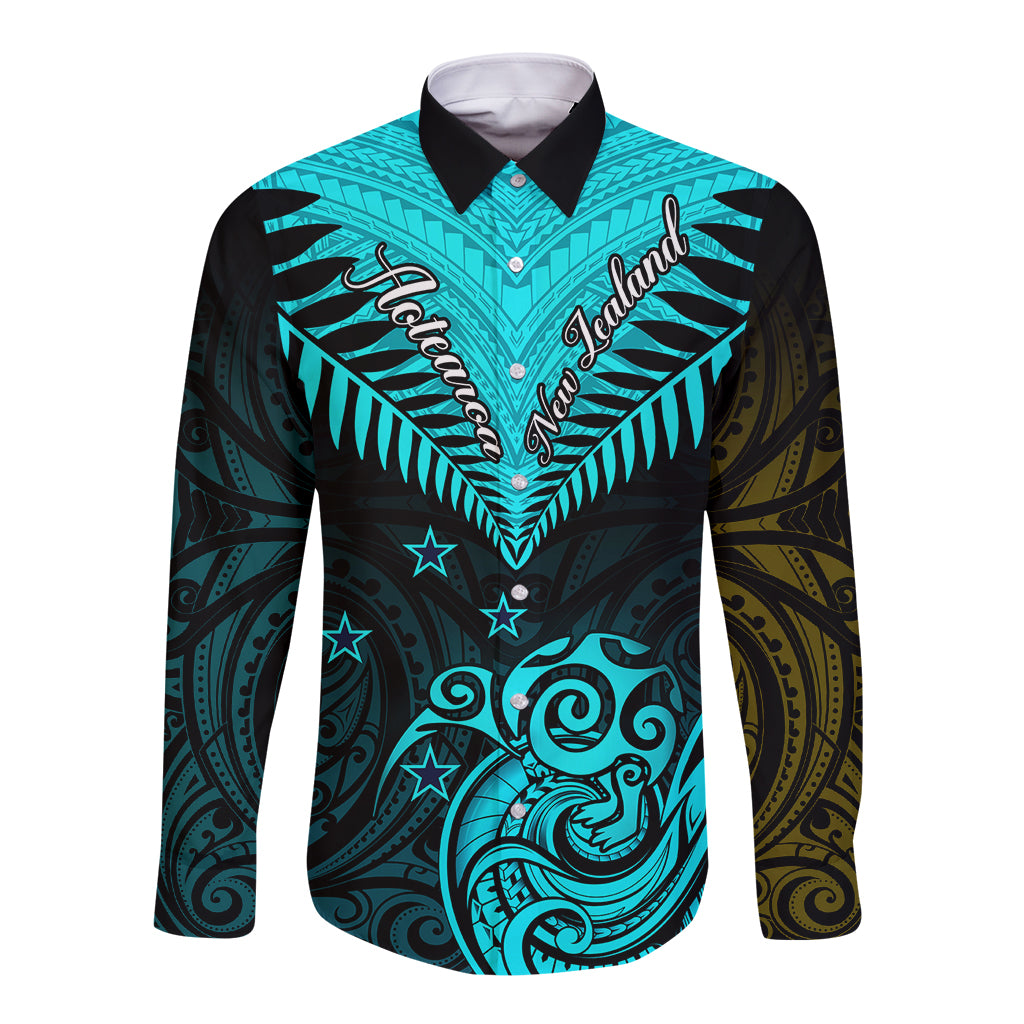 Personalised Aotearoa Long Sleeve Button Shirt Maori Kiwi Turquoise Fern LT01 Unisex Turquoise - Polynesian Pride