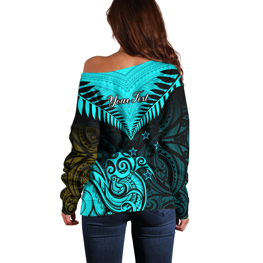 Personalised Aotearoa Off Shoulder Sweater Maori Kiwi Turquoise Fern LT01 - Polynesian Pride