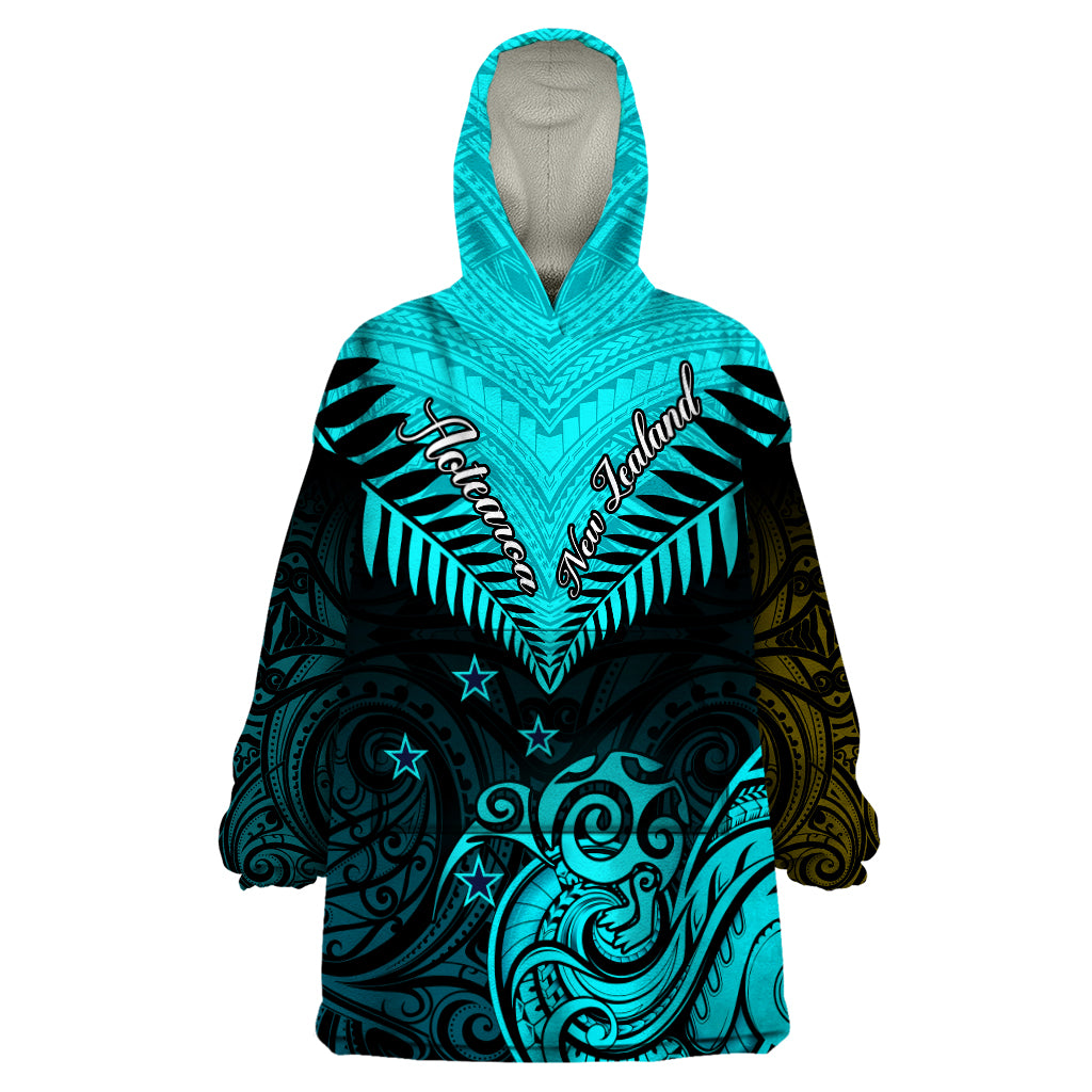 Personalised Aotearoa Wearable Blanket Hoodie Maori Kiwi Turquoise Fern LT01 One Size Turquoise - Polynesian Pride