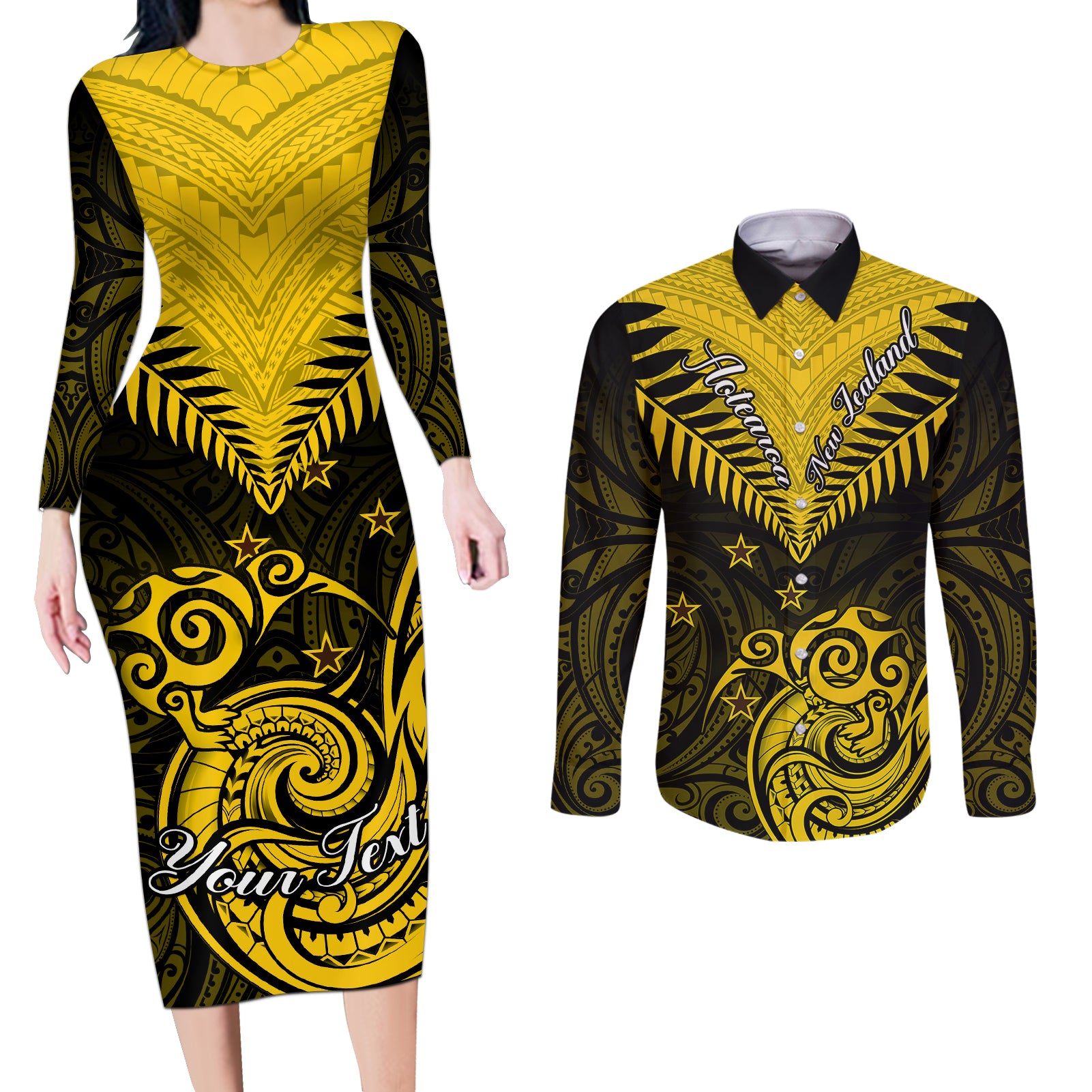 Personalised Aotearoa Couples Matching Long Sleeve Bodycon Dress and Long Sleeve Button Shirts Maori Kiwi Yellow Fern LT01 Yellow - Polynesian Pride