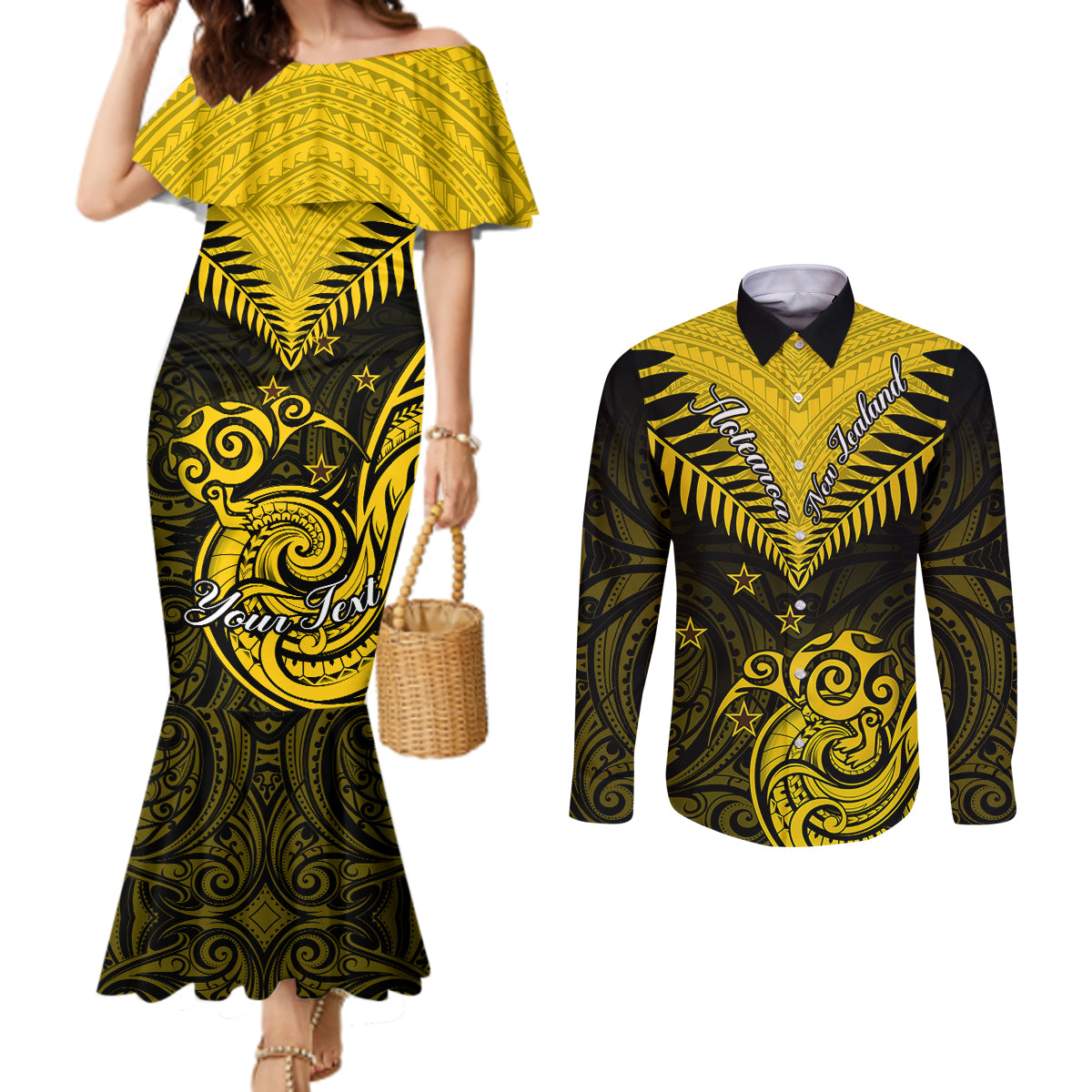 Personalised Aotearoa Couples Matching Mermaid Dress and Long Sleeve Button Shirts Maori Kiwi Yellow Fern LT01 Yellow - Polynesian Pride