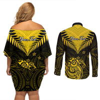 Personalised Aotearoa Couples Matching Off Shoulder Short Dress and Long Sleeve Button Shirts Maori Kiwi Yellow Fern LT01 - Polynesian Pride