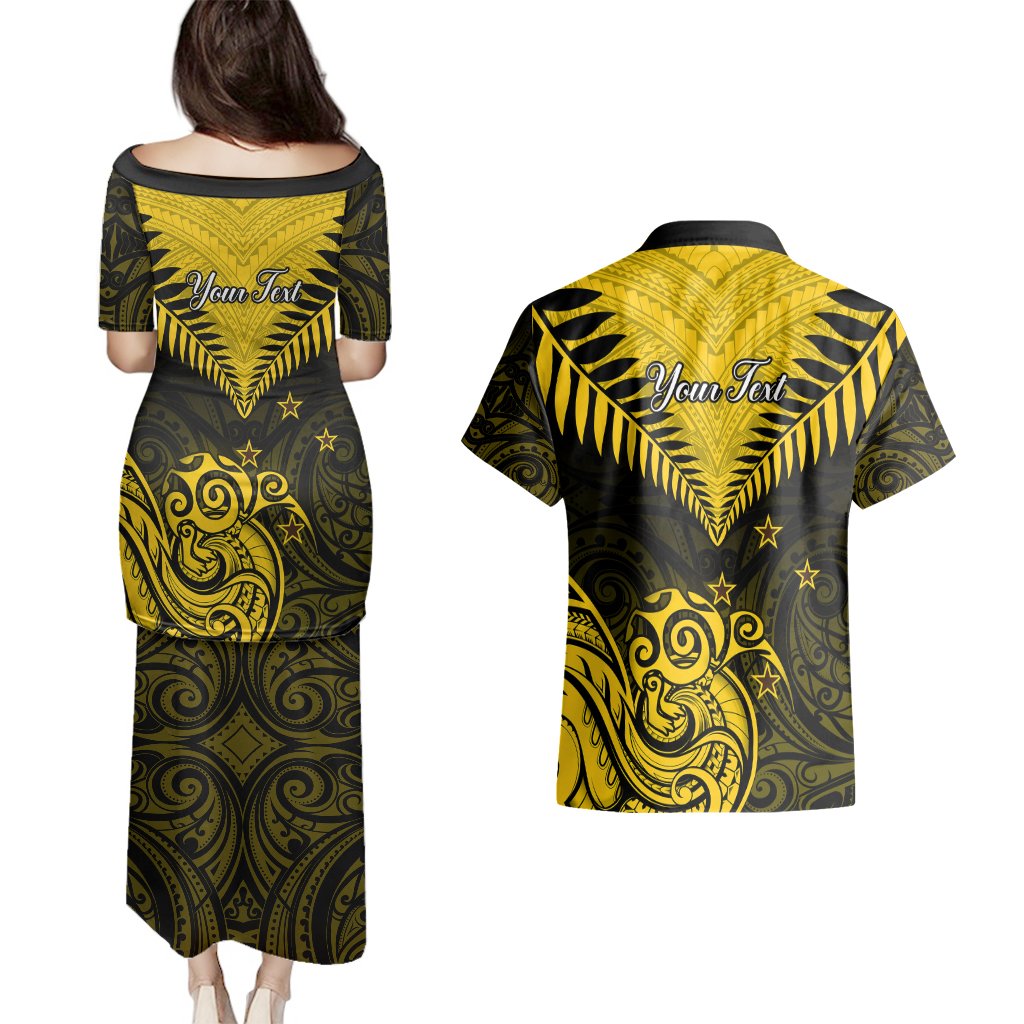 Personalised Aotearoa Couples Matching Puletasi Dress and Hawaiian Shirt Maori Kiwi Yellow Fern LT01 - Polynesian Pride