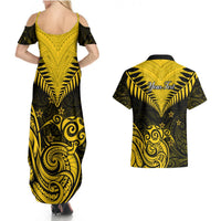 Personalised Aotearoa Couples Matching Summer Maxi Dress and Hawaiian Shirt Maori Kiwi Yellow Fern LT01 - Polynesian Pride