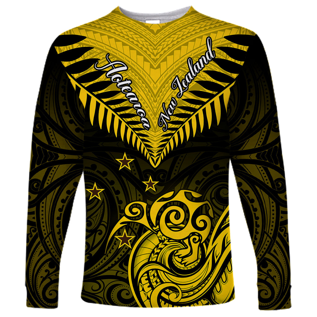 Personalised Aotearoa Long Sleeve Shirt Maori Kiwi Yellow Fern LT01 Unisex Yellow - Polynesian Pride