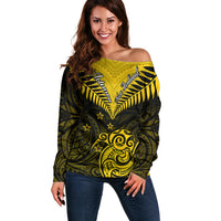 Personalised Aotearoa Off Shoulder Sweater Maori Kiwi Yellow Fern LT01 Women Yellow - Polynesian Pride