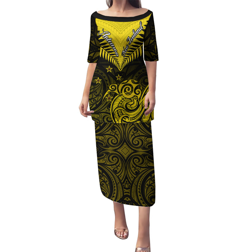 Personalised Aotearoa Puletasi Maori Kiwi Yellow Fern LT01 Long Dress Yellow - Polynesian Pride