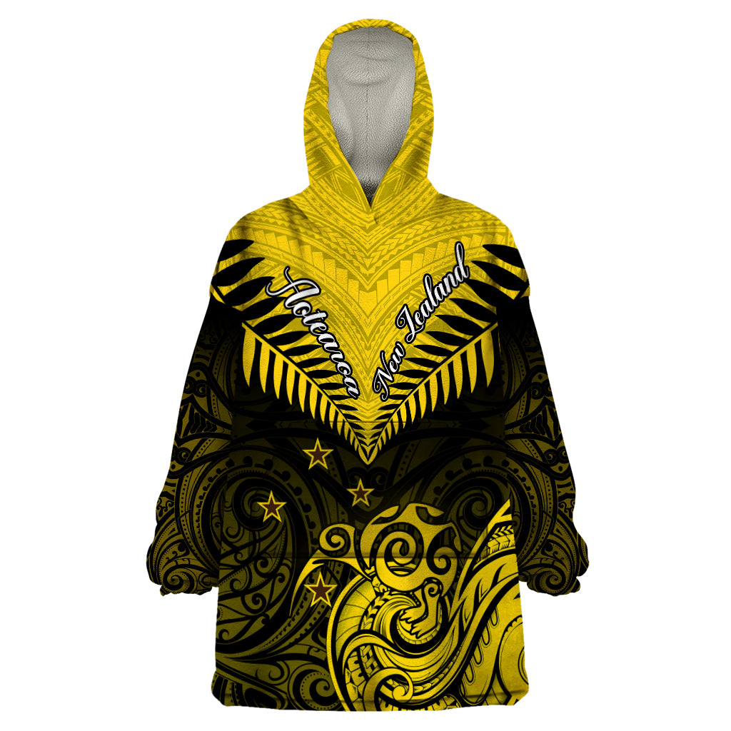 Personalised Aotearoa Wearable Blanket Hoodie Maori Kiwi Yellow Fern LT01 One Size Yellow - Polynesian Pride