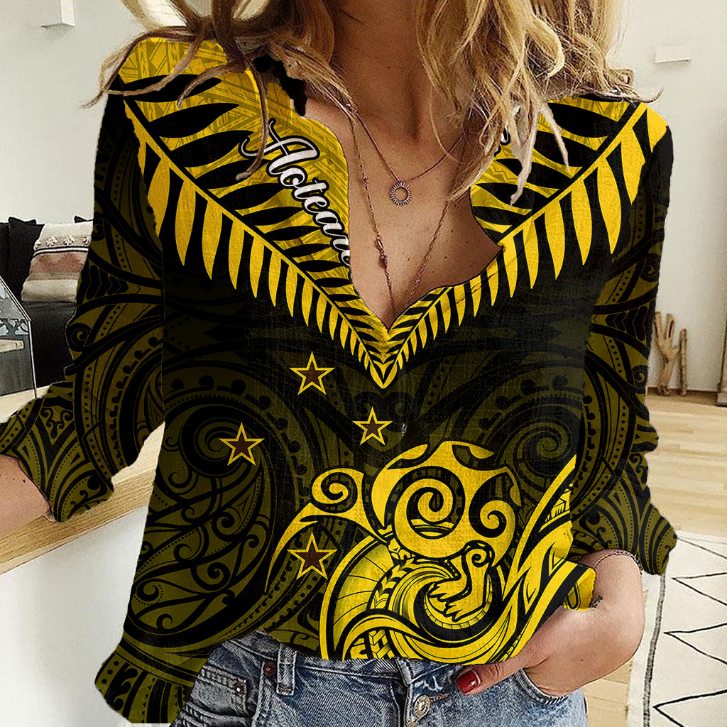 Personalised Aotearoa Women Casual Shirt Maori Kiwi Yellow Fern LT01 Female Yellow - Polynesian Pride