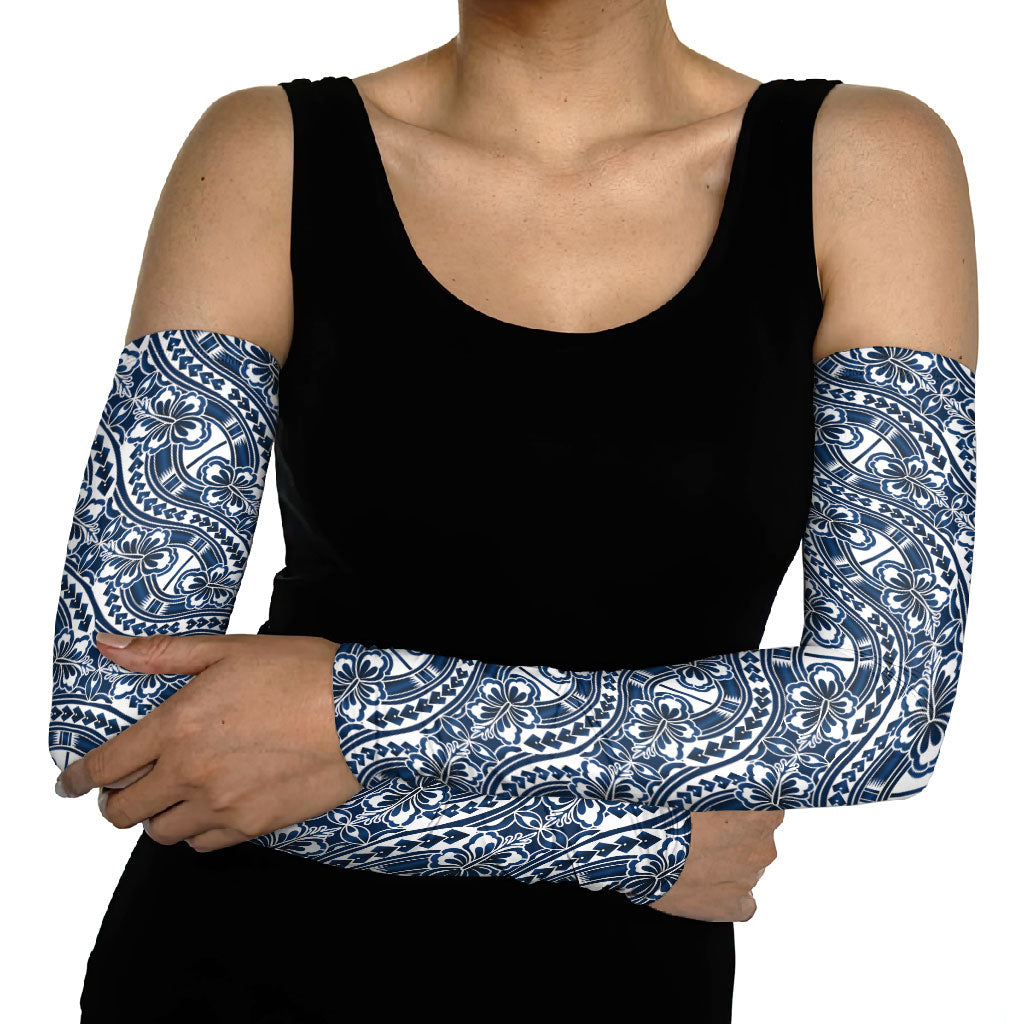 Hibiscus Bloom Island Tribal Waves Arm Sleeves Blue Polynesian Pattern LT01 - Polynesian Pride