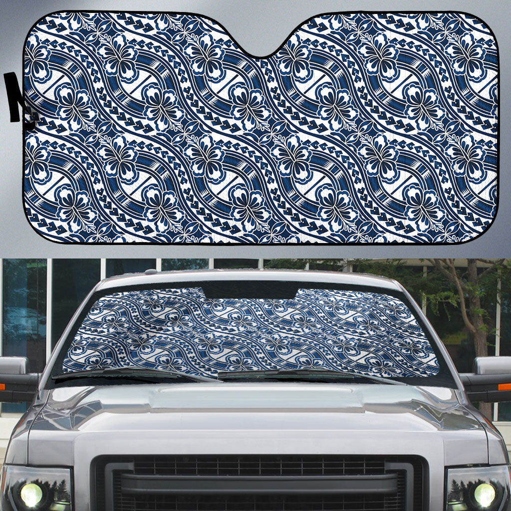 Hibiscus Bloom Island Tribal Waves Auto Sun Shade Blue Polynesian Pattern LT01 Blue - Polynesian Pride