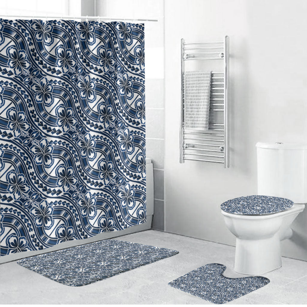 Hibiscus Bloom Island Tribal Waves Bathroom Set Blue Polynesian Pattern