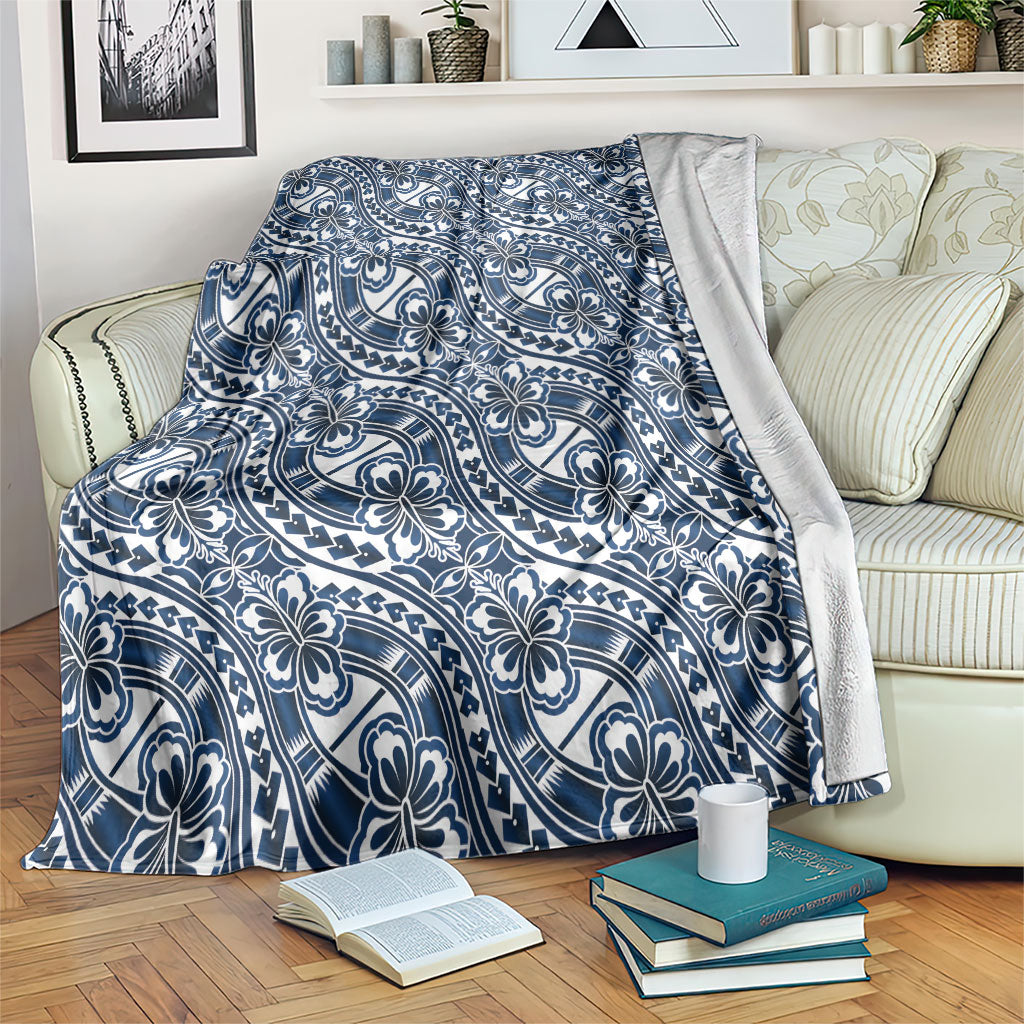 Hibiscus Bloom Island Tribal Waves Blanket Blue Polynesian Pattern