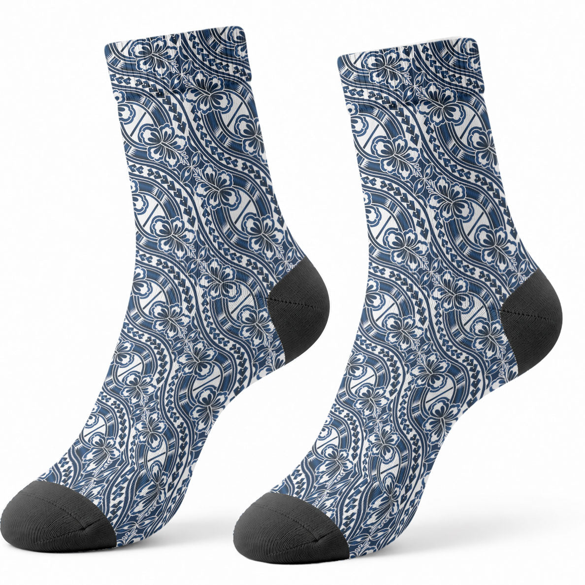 Hibiscus Bloom Island Tribal Waves Crew Socks Blue Polynesian Pattern LT01 - Polynesian Pride